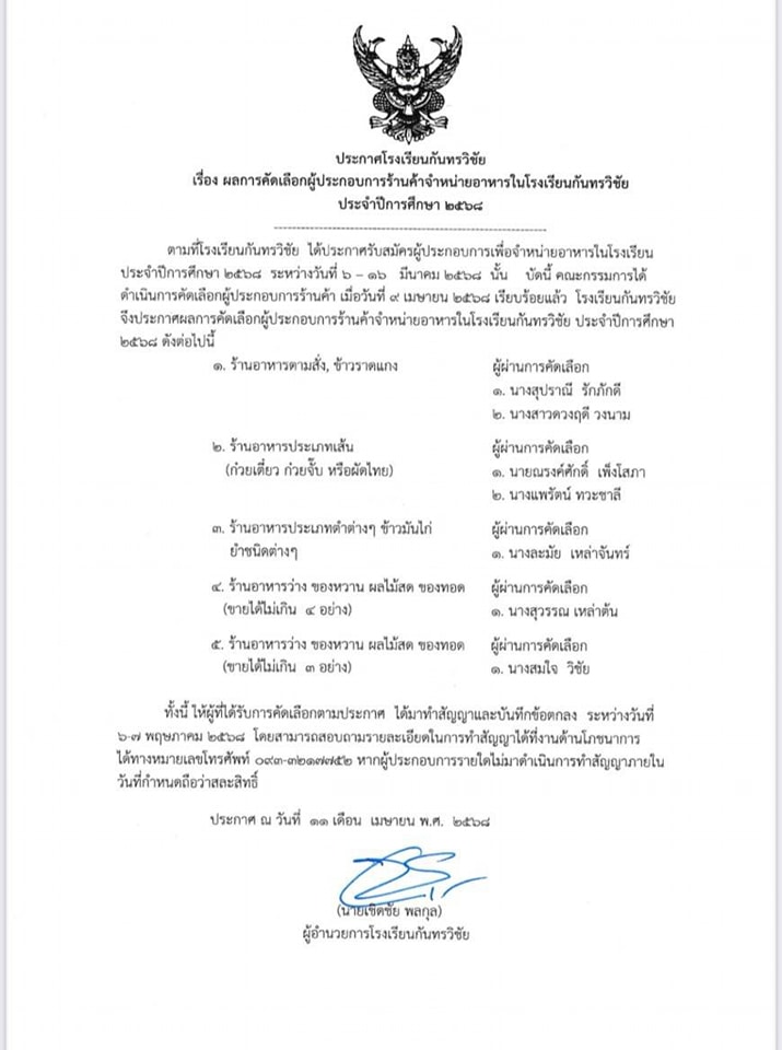 ประกาศโรงเรียนกันทรวิชัย เรื่อง ผลการคัดเลือกผู้ประกอบการร้านค้าจำหน่ายอาหารในโรงเรียนกันทรวิชัย ประจำปีการศึกษา 2568