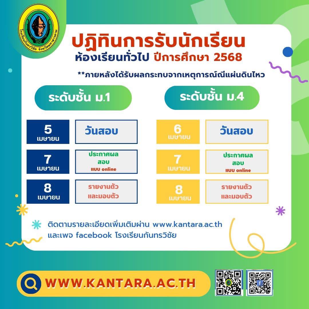 การสอบคัดเลือกนักเรียน ม.1 และ ม.4 ประเภทห้องเรียนทั่วไป ประจำปีการศึกษา 2568